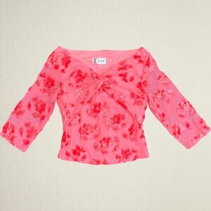 Y2K pink floral flocked twist knot top with mesh three quarter sleeves